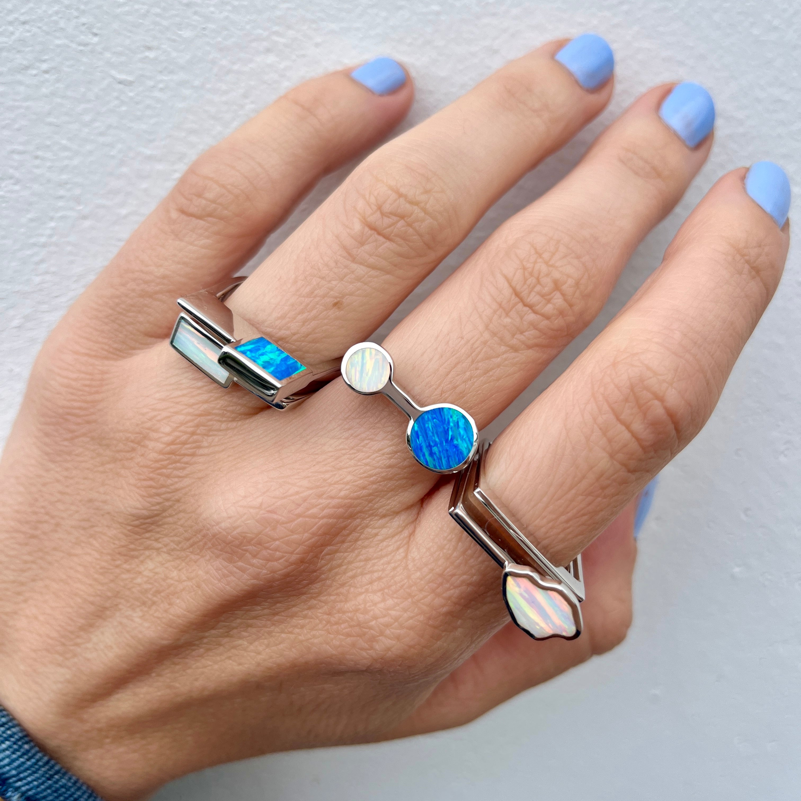 White + Blue Opal Circle Double Ring