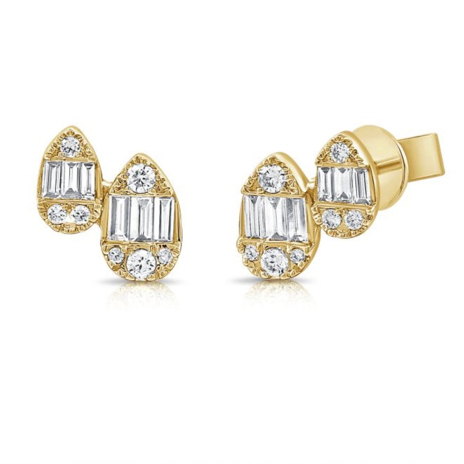 14k Double Diamond Baguette Pear Studs