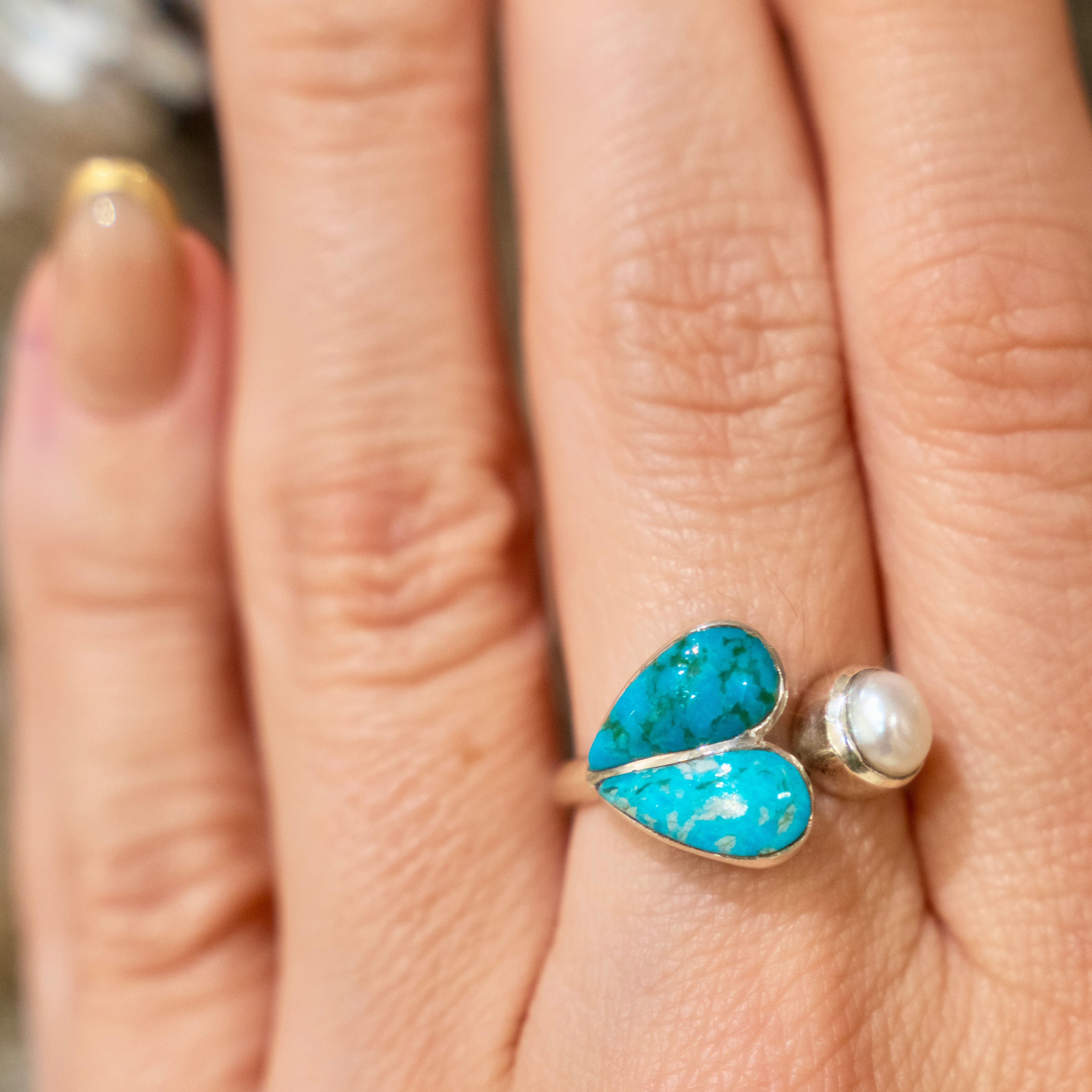 Sterling Silver Turquoise Heart + Pearl Ring