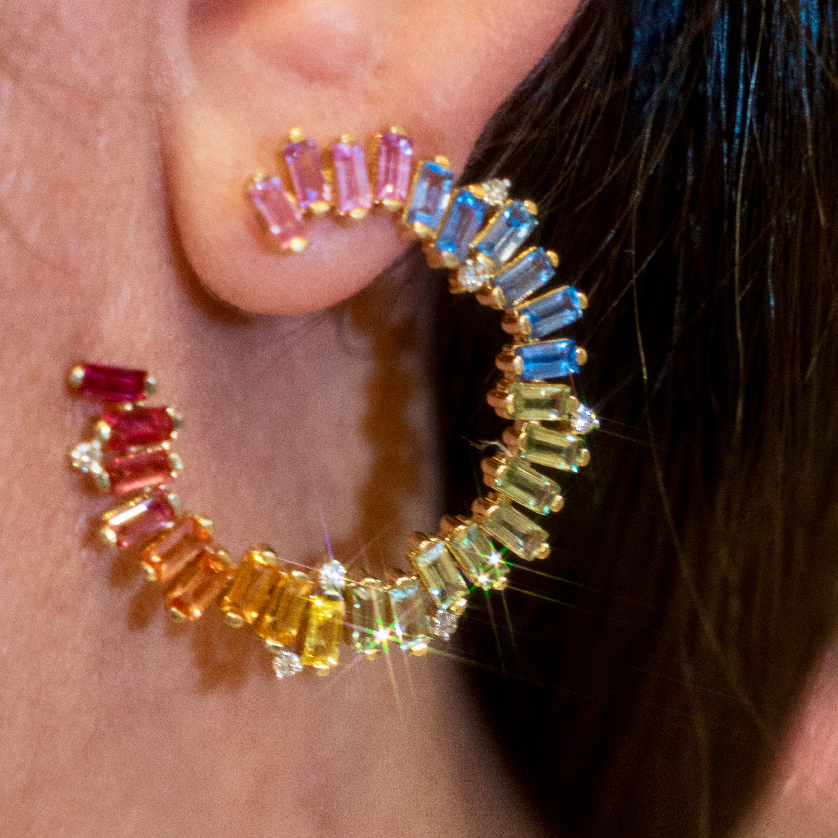 14k Rainbow Sapphire Baguette + Diamond Hoop Earrings