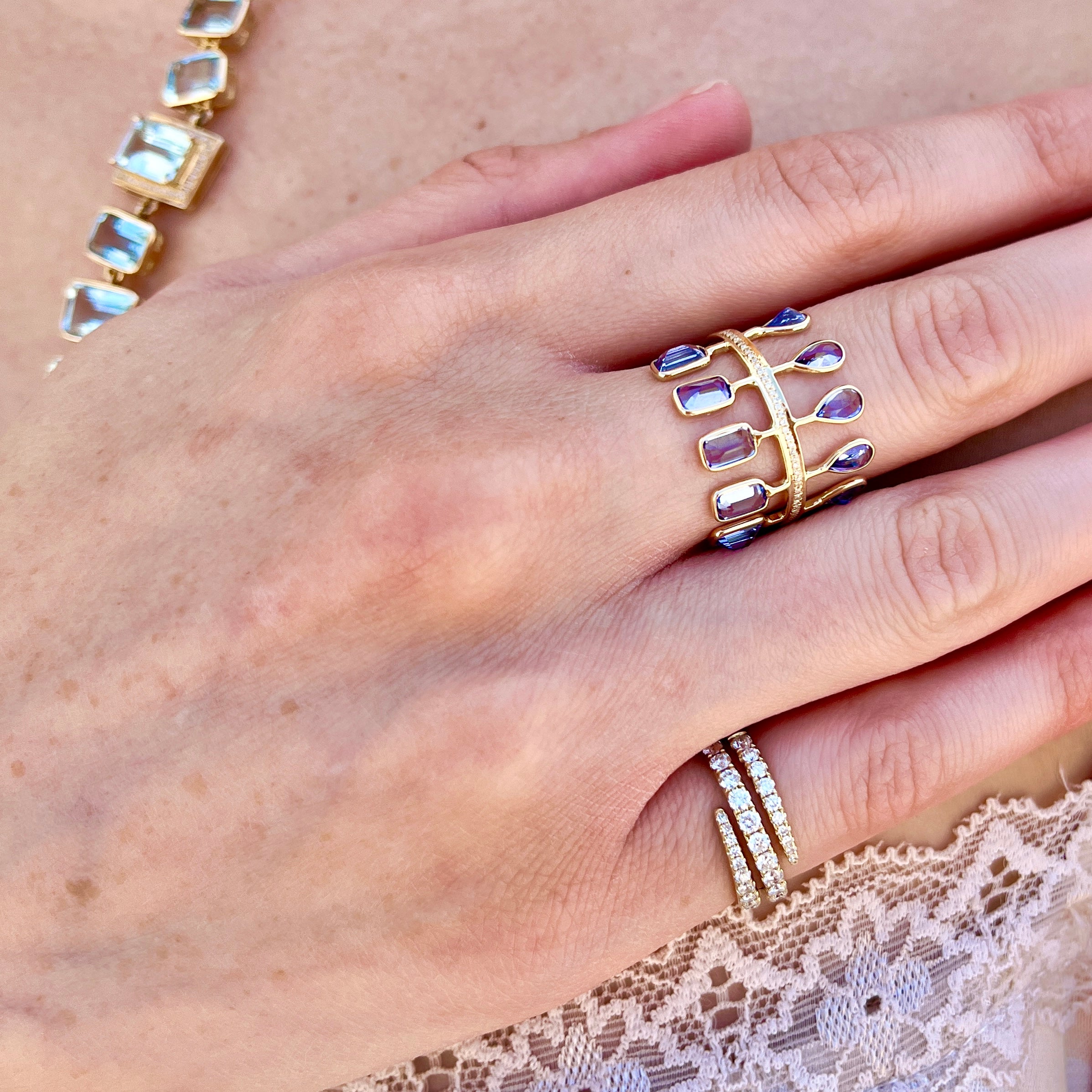 14k Tanzanite + Diamond Feather Ring