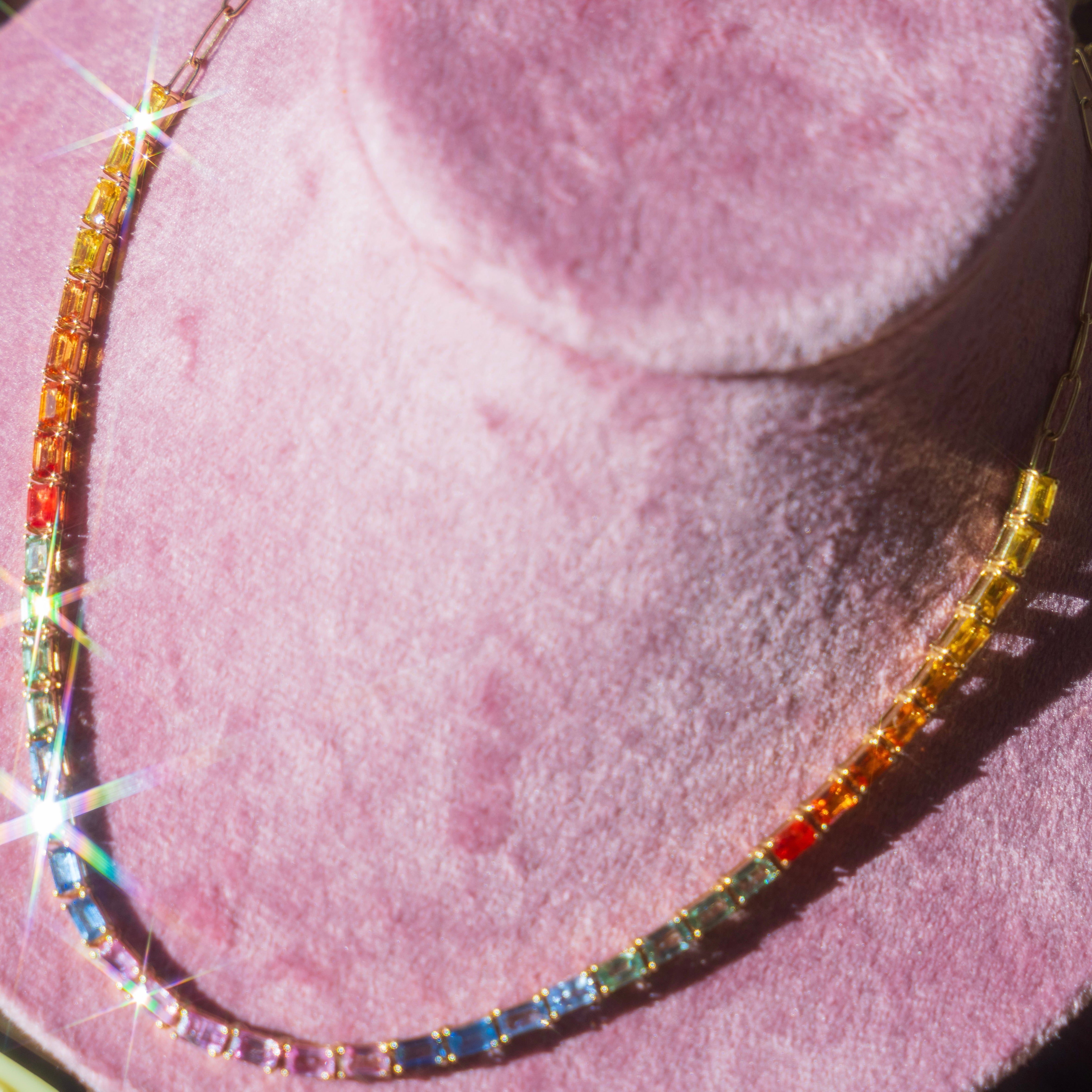 14k Rainbow Ombré Baguette Sapphire Necklace